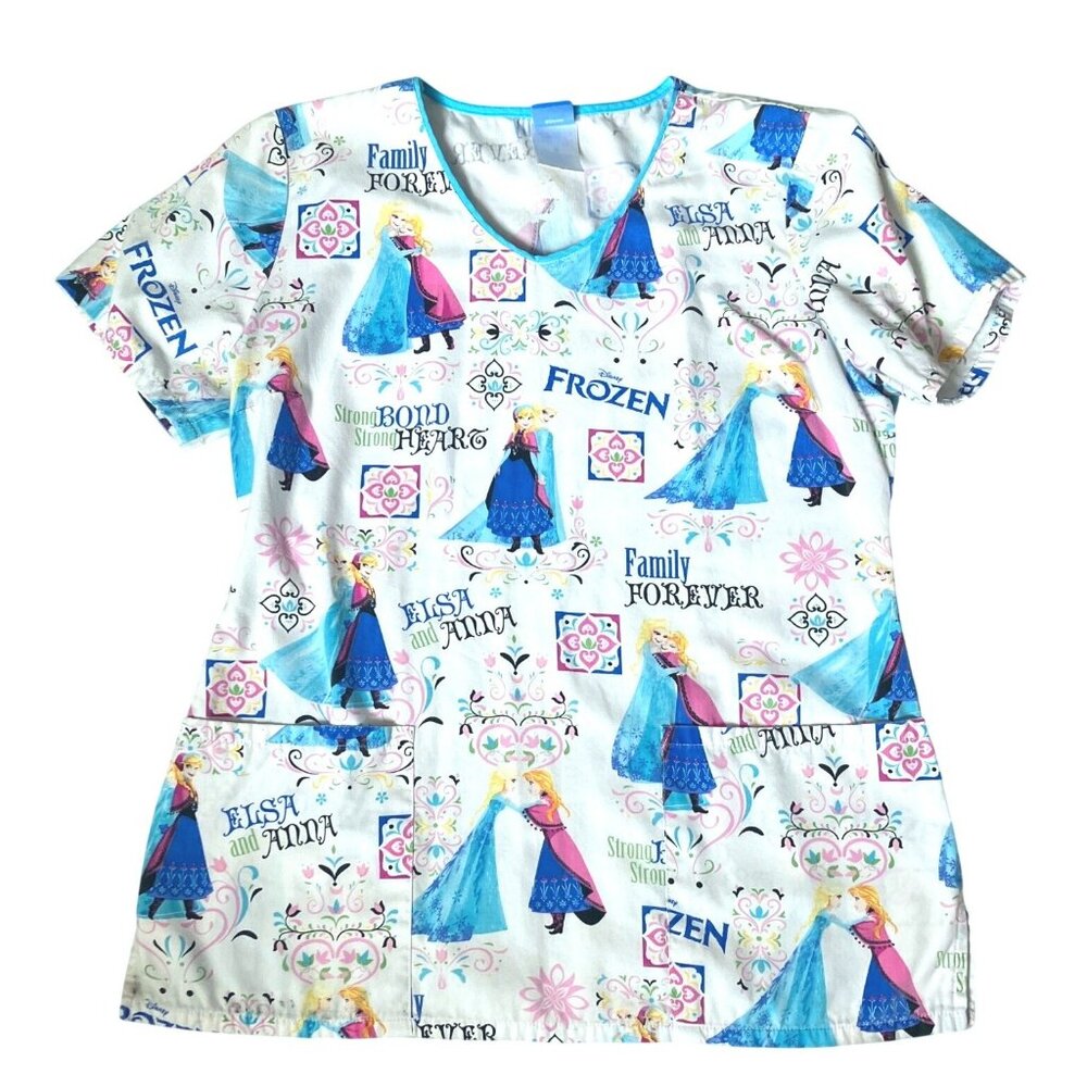 Disney Frozen Themed Short Sleeve Scrub Top With Elsa & Anna Print SIZE S